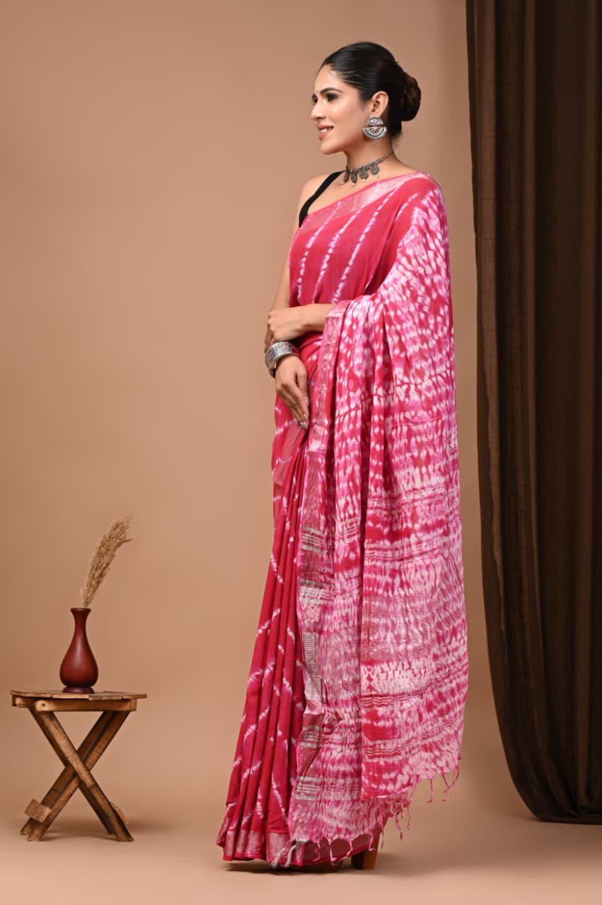 Hand Block Printed Linen Saree with Blouse